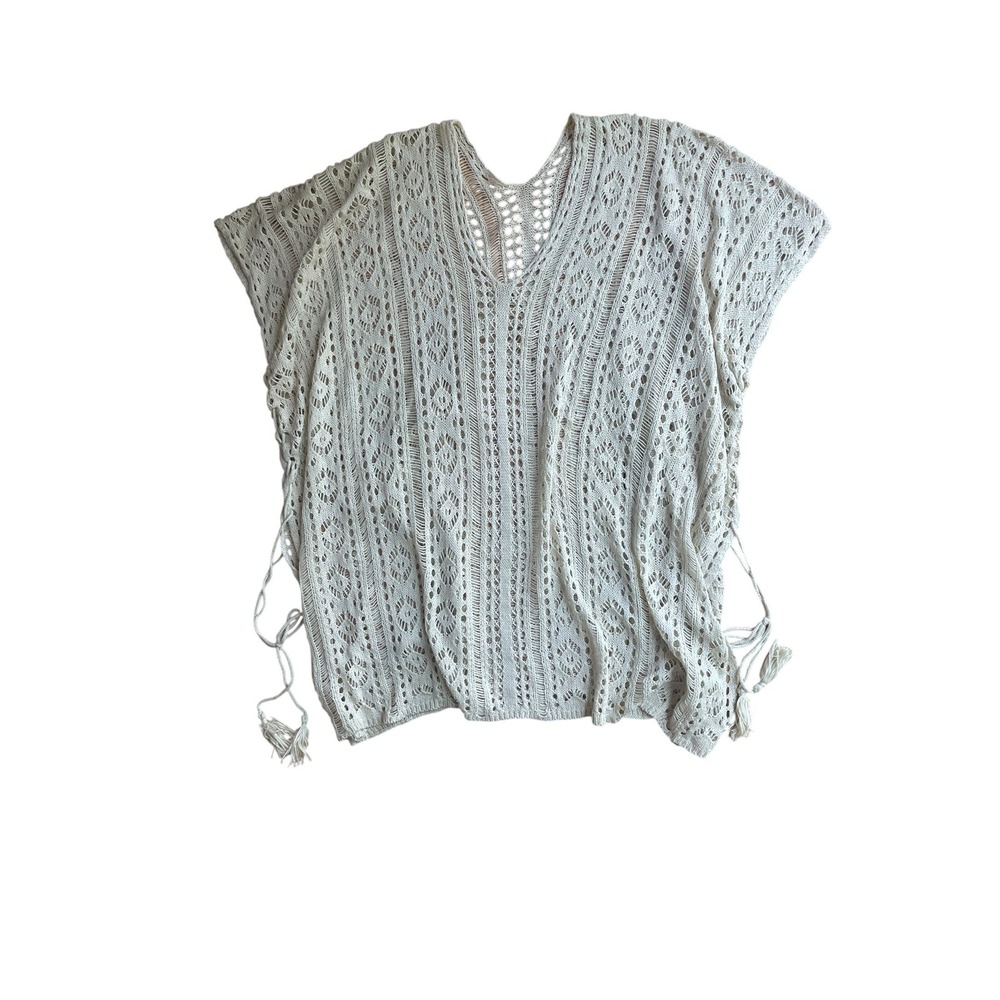 Womens Crochet Knit Beach Pool Coverup Cream One Size V-Neck Side Tie Tassel
